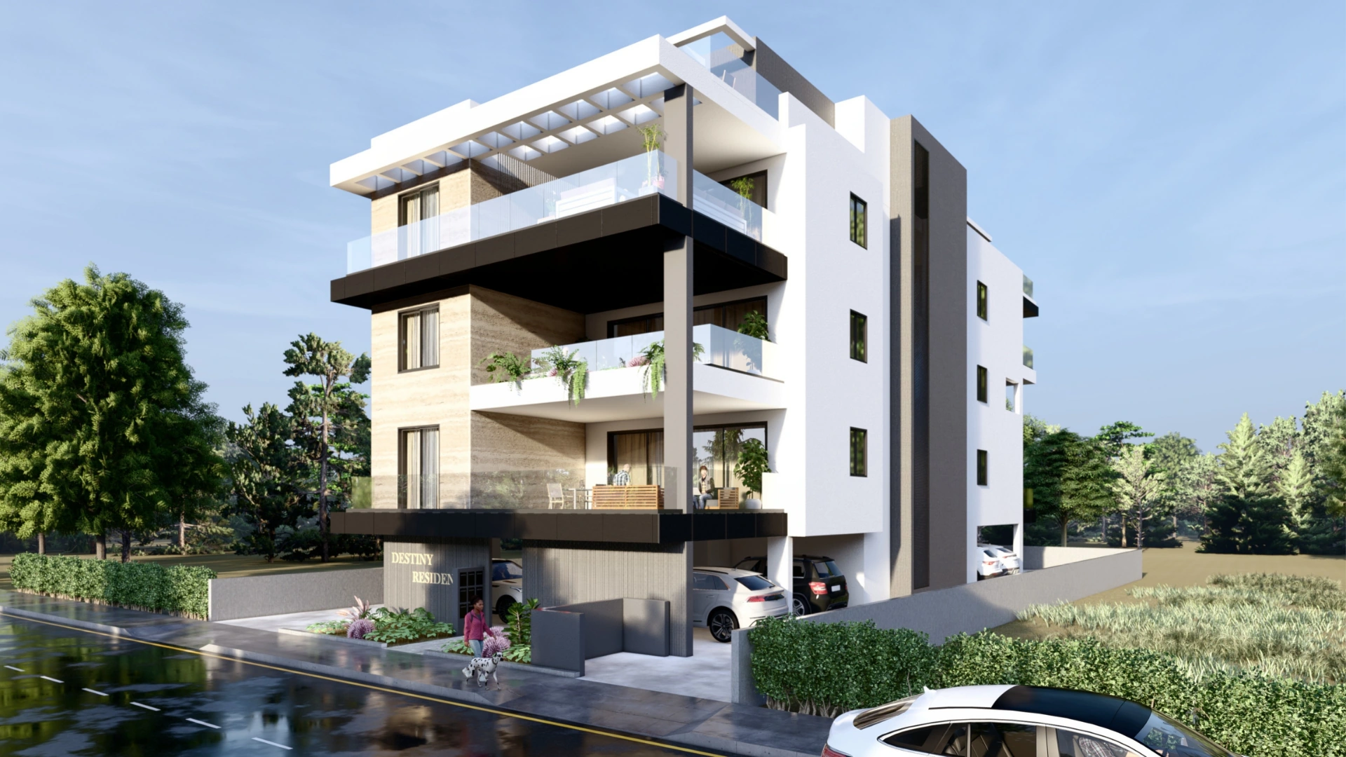 Destiny Residence, Larnaca — front corner view with reflecting pool