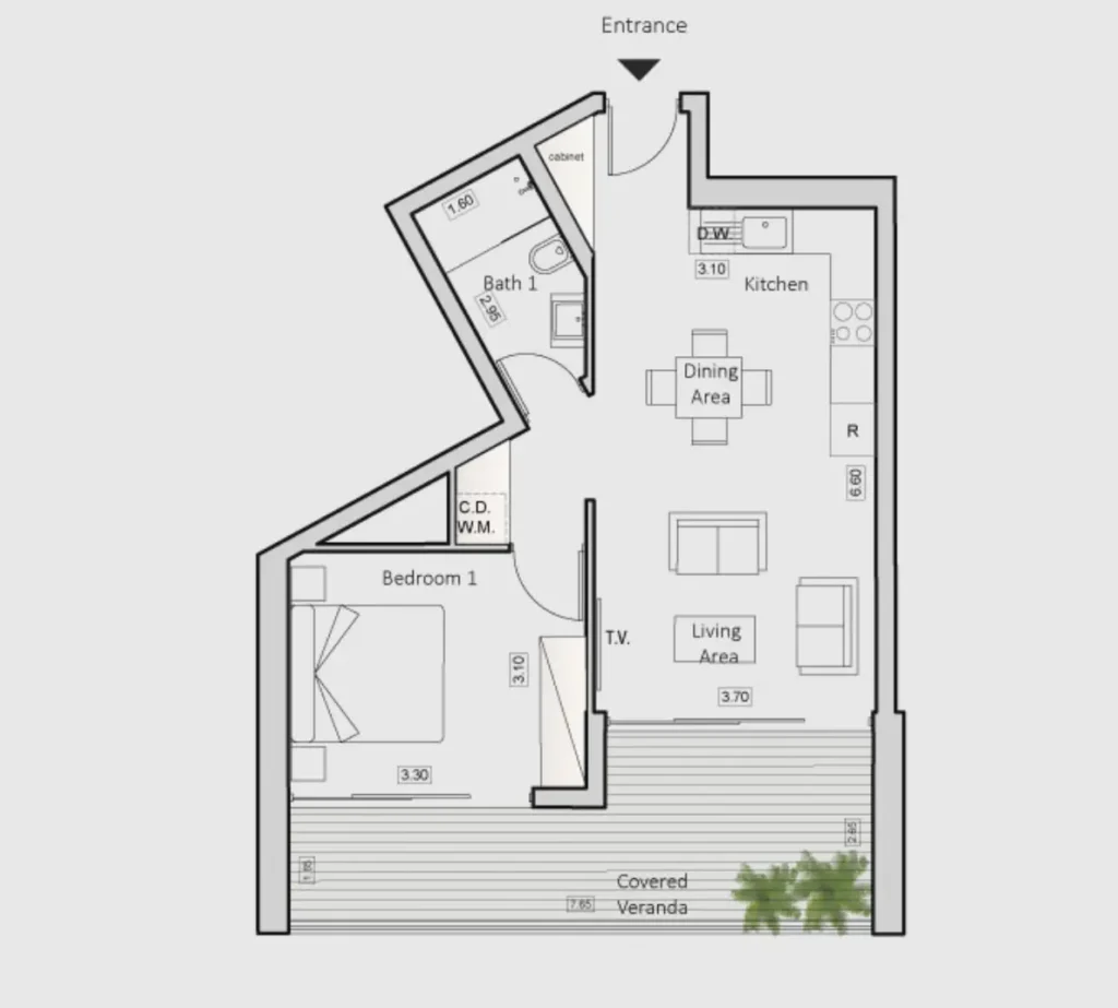 One-bedroom apartment floor plan with covered veranda, Larnaca