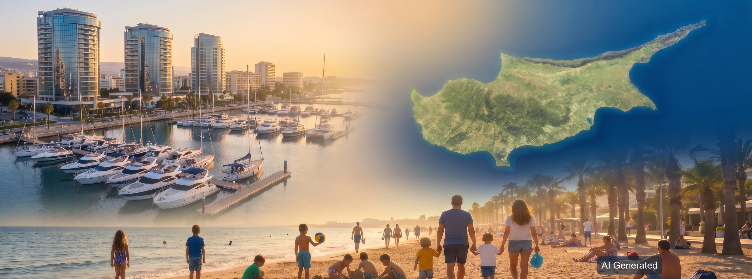 Photomontage: Limassol skyline, the island of Cyprus and families on the beach (AI-generated image)
